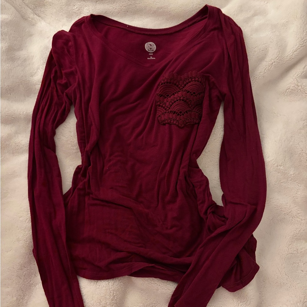 SO Women's Deep Red Long Sleeve Top with Lace Pocket